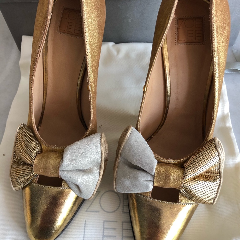 Anthropologie Zoe Lee Paris Metallic Bow Pumps 7 - Picture 3 of 7